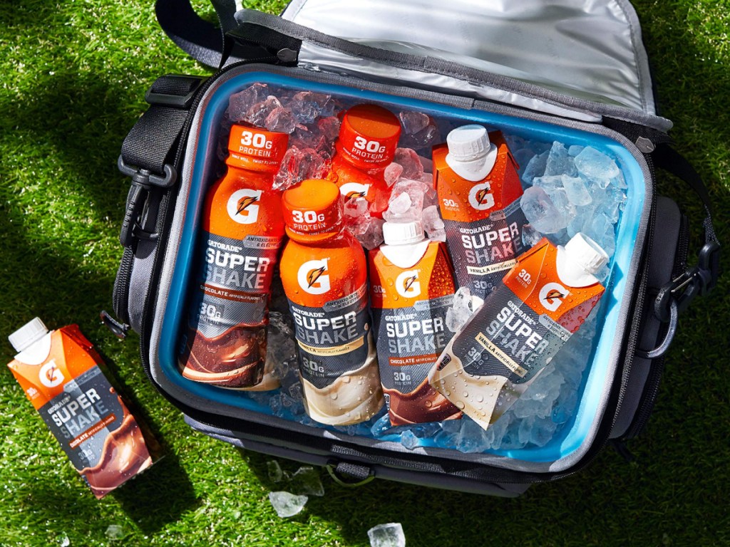 large cooler filled with gatorade super shakes and ice