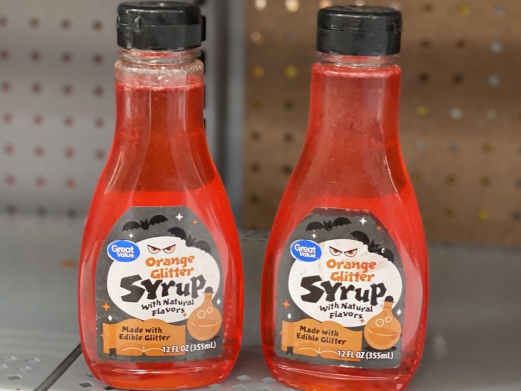 Two bottles of Great Value Orange Glitter Syrup