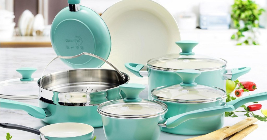 turquoise pots and pans in kitchen