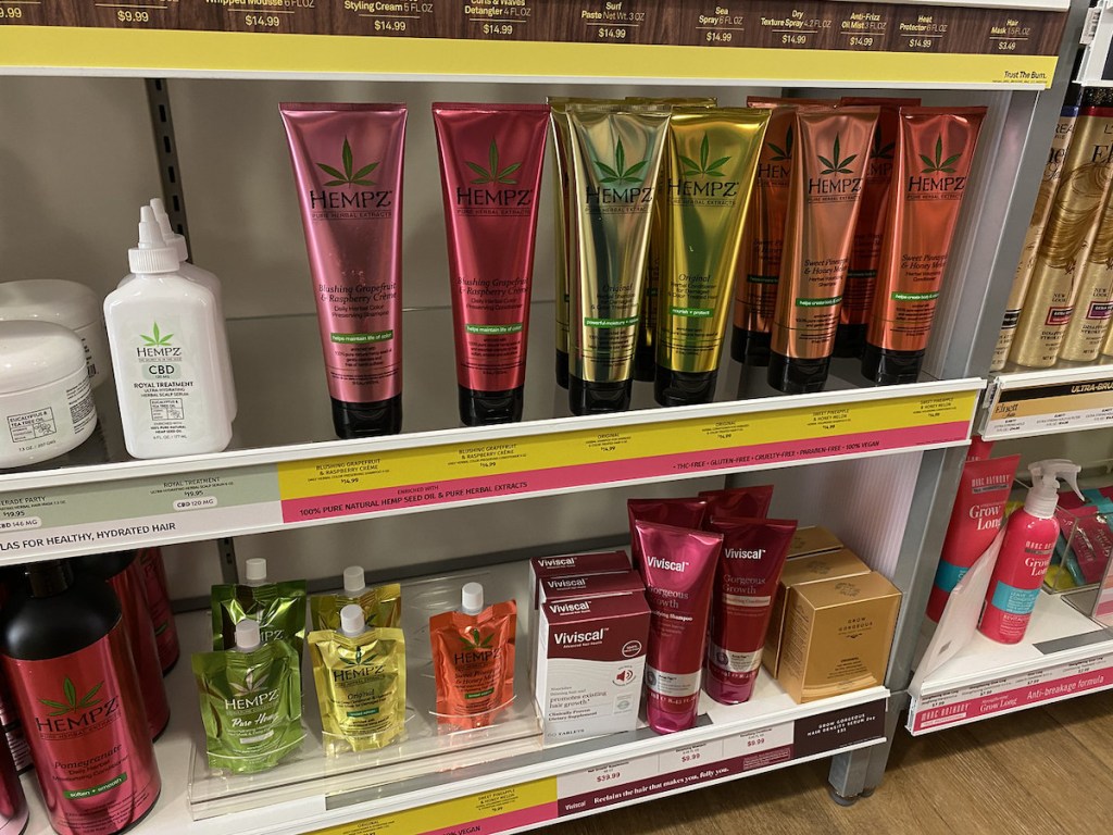 ulta shelf with HEMPZ Shampoo and Conditioners