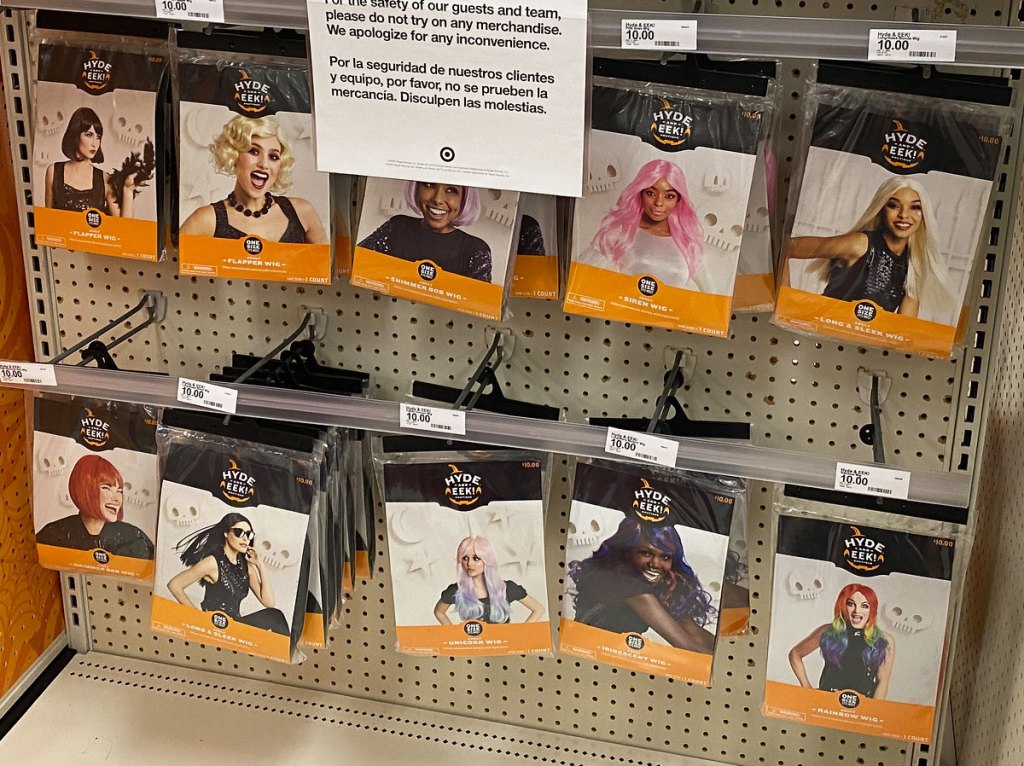 halloween costume wigs on display at target