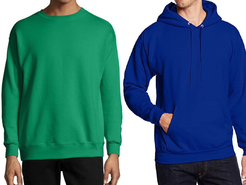 man in green sweatshirt and man in blue hoodie