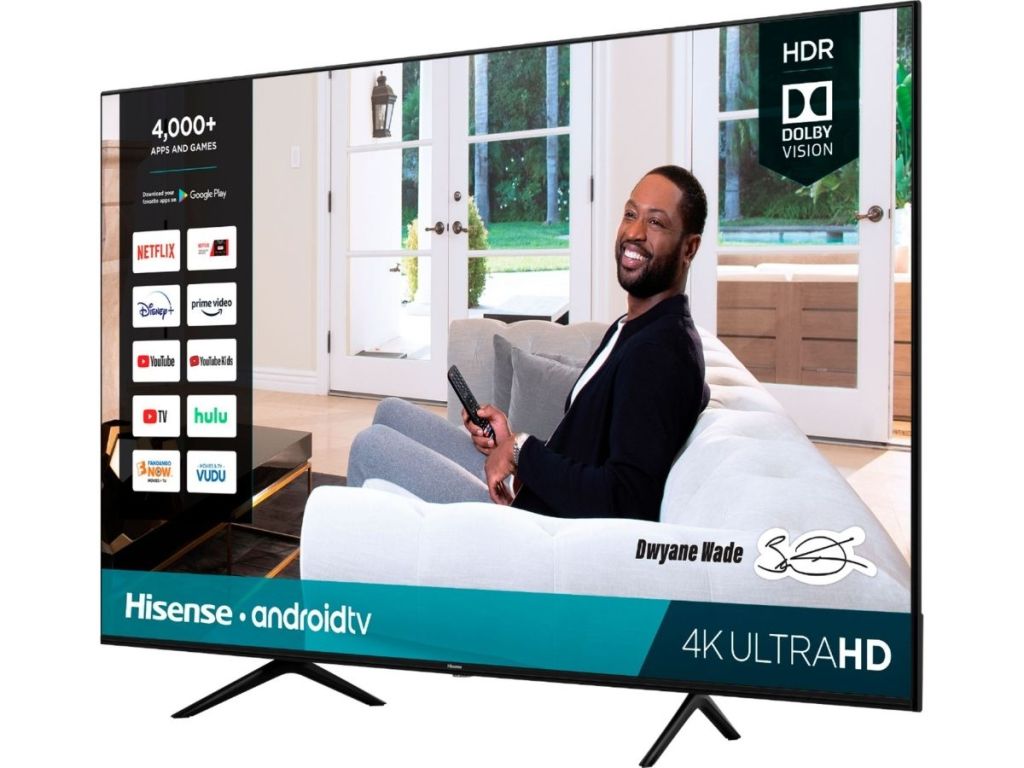 Hisense android tv with picture of Dwane Wade holding remote 