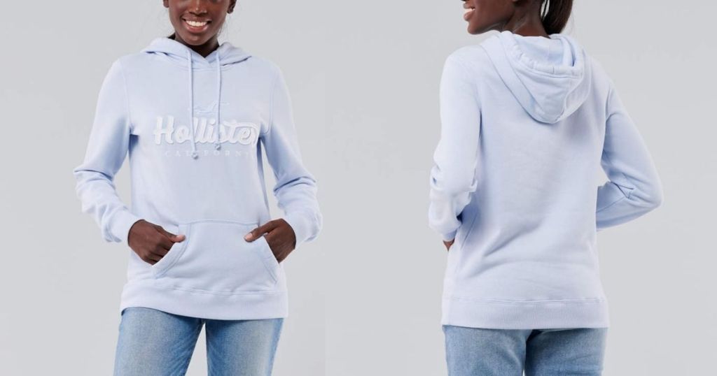 front and back view of woman wearing powder blue Hollister sweatshirt