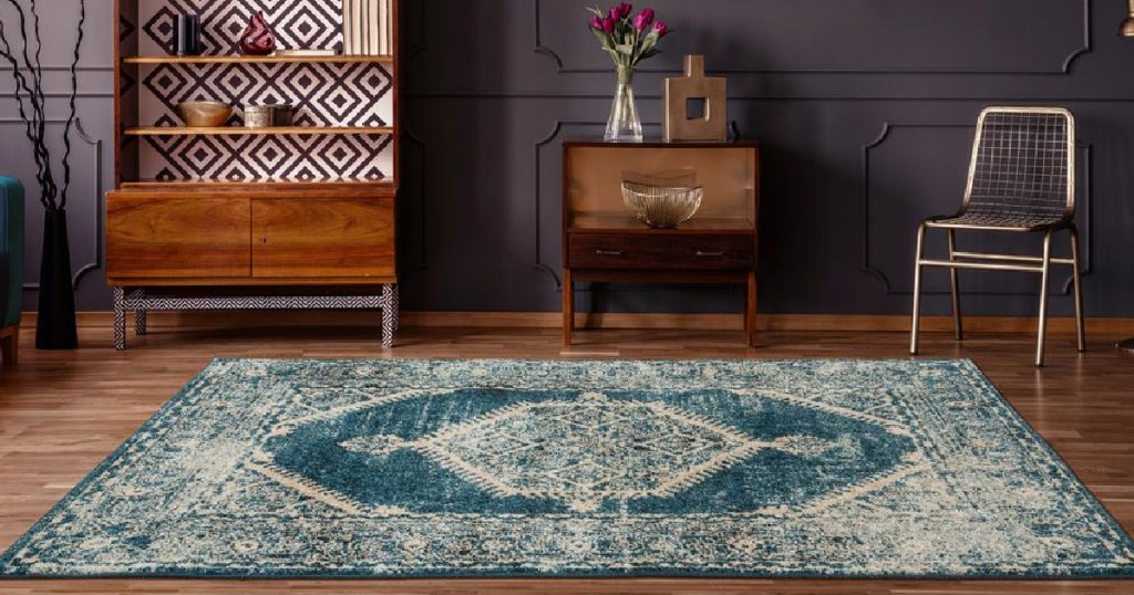 large blue patterned area rug in home