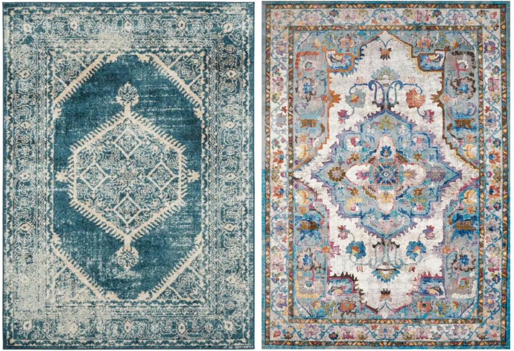 two blue patterned area rugs
