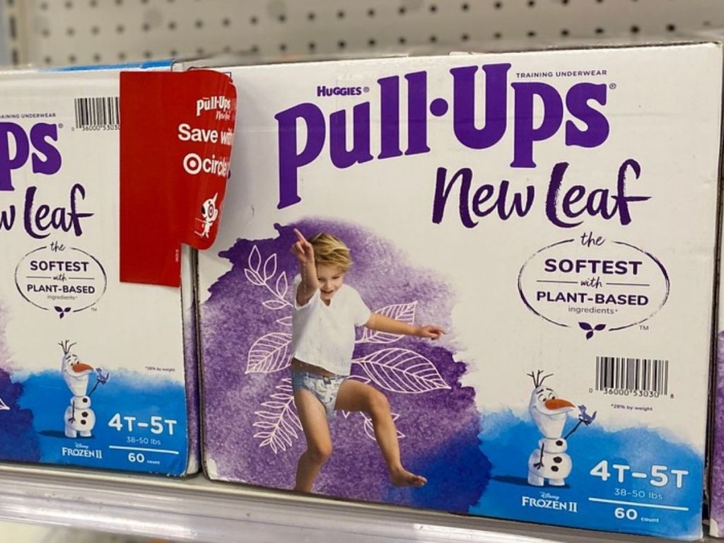 Huggies Pull-Ups boxed diapers on shelf in store