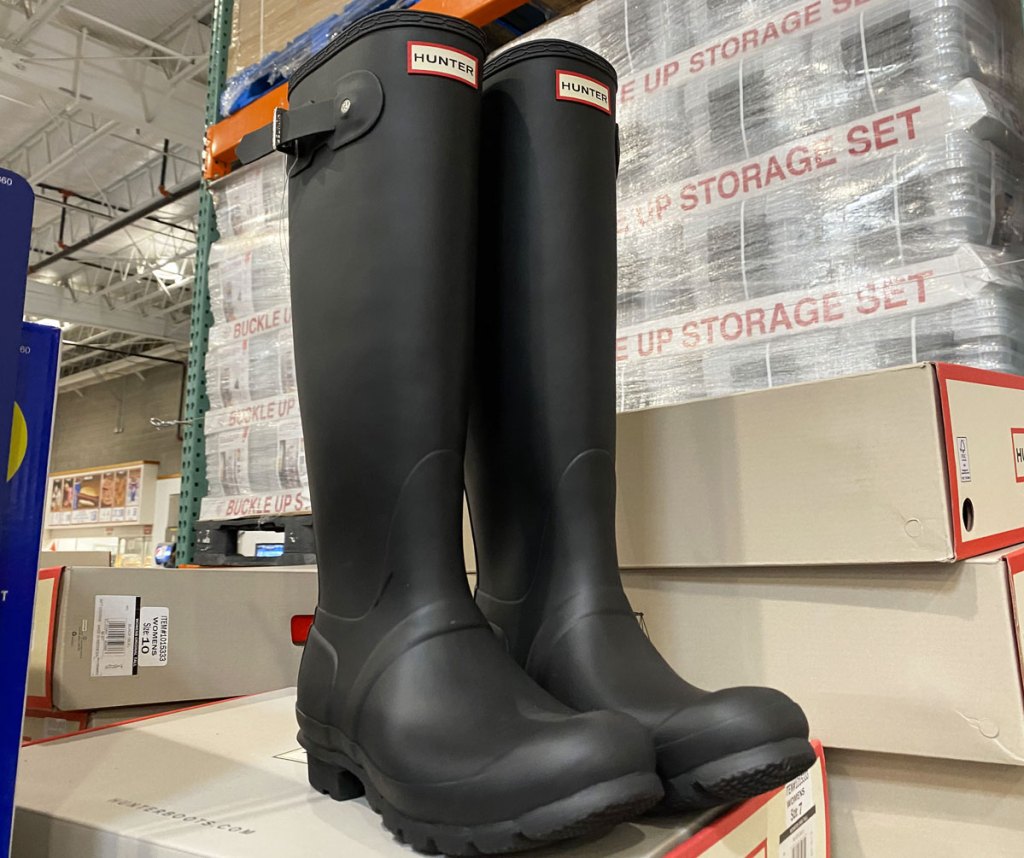 pair of matte black hunter rain boots on display at costco
