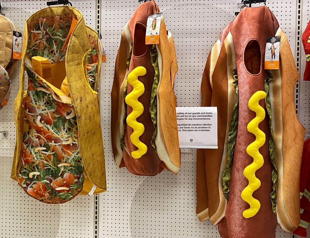 kids and adult taco and hot dog halloween costumes on display at target