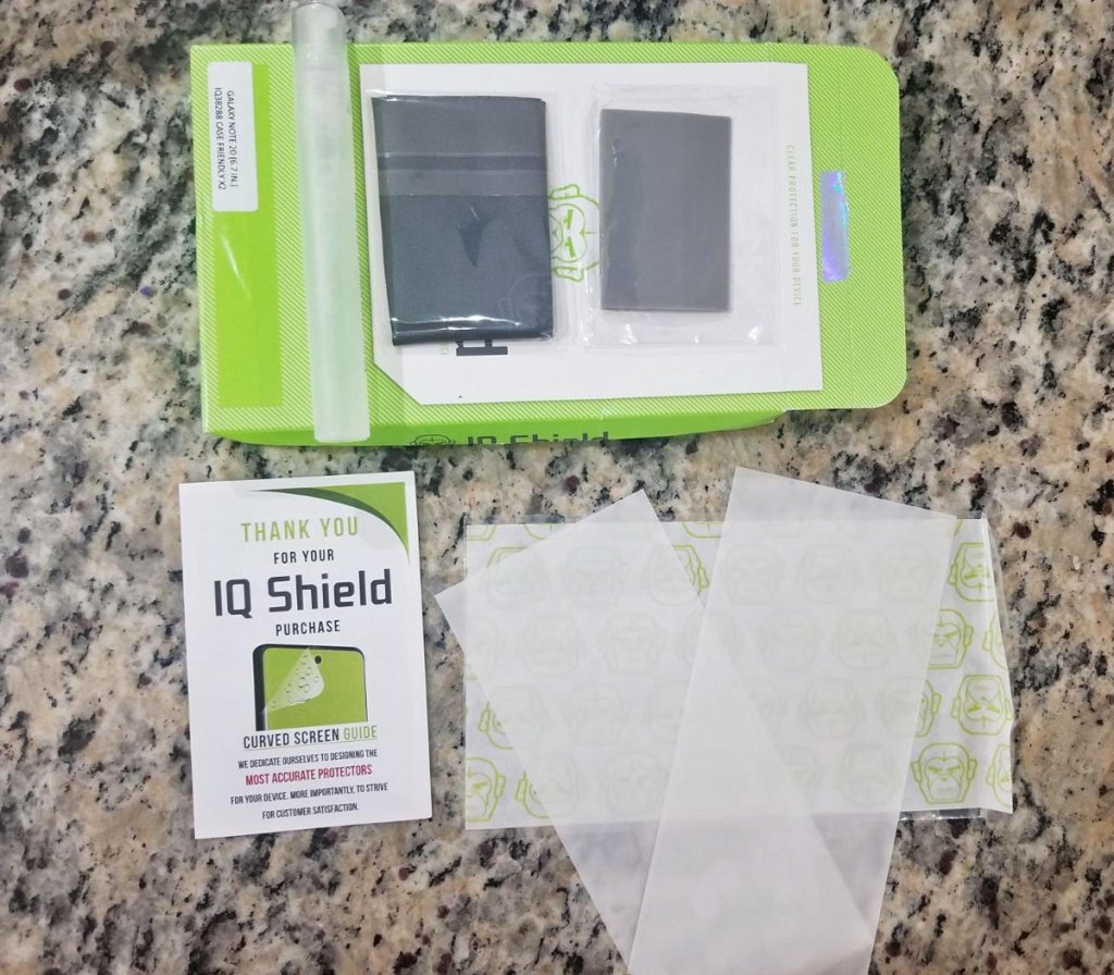 package of samsung galaxy note 20 screen protectors, wipes, and box