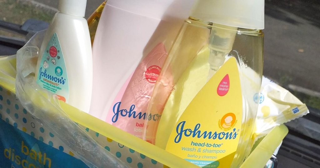 johnson's baby shampoos and lotions inside a yellow shower caddy