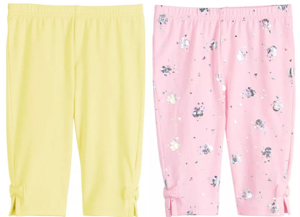 baby girl yellow leggings and pink and silver Minnie Mouse leggings