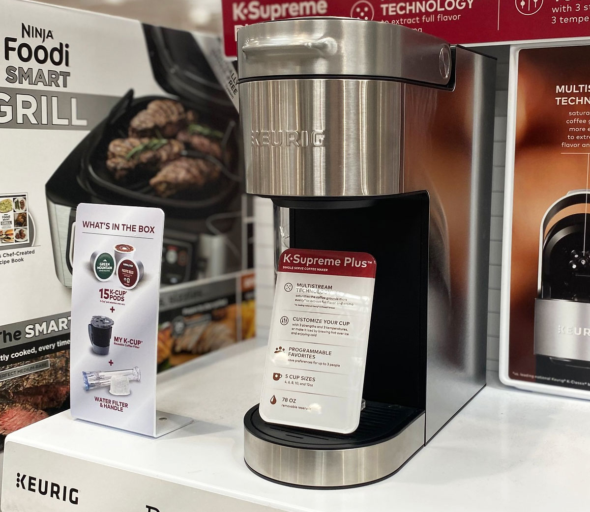 stainless steel keurig single-serve coffee maker on display at costco