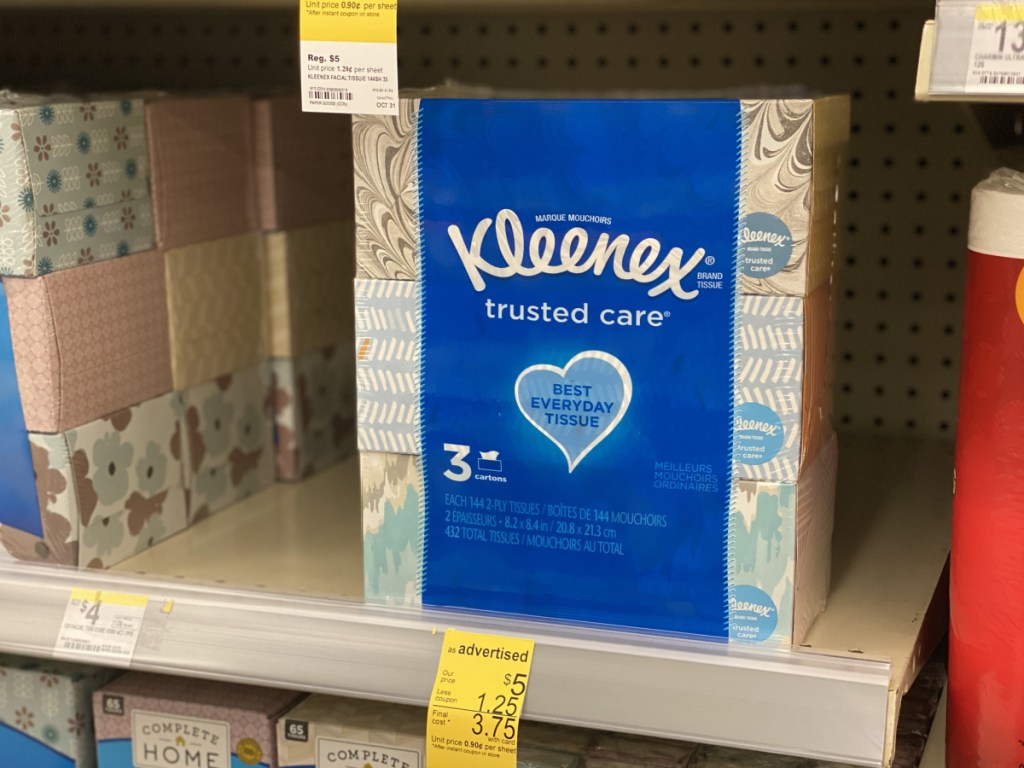 large bundle of kleenex sitting on store shelf