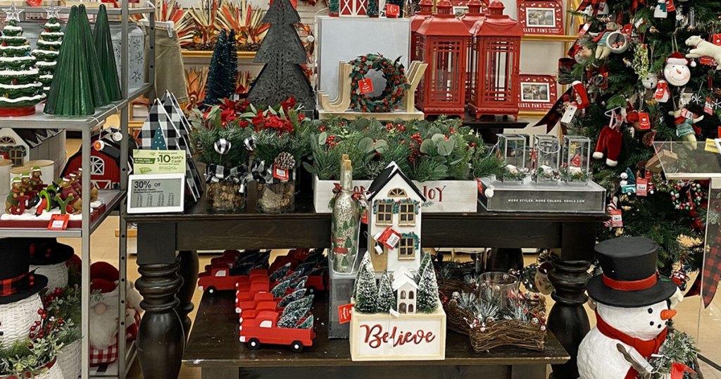 christmas themed home decor items on display tables at kohl's