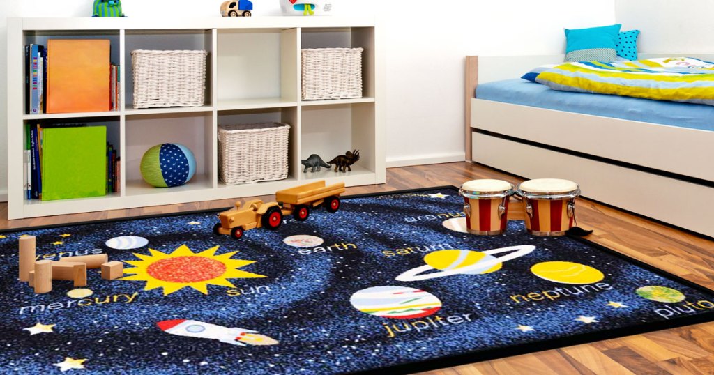 blue solar system print area rug in kids room