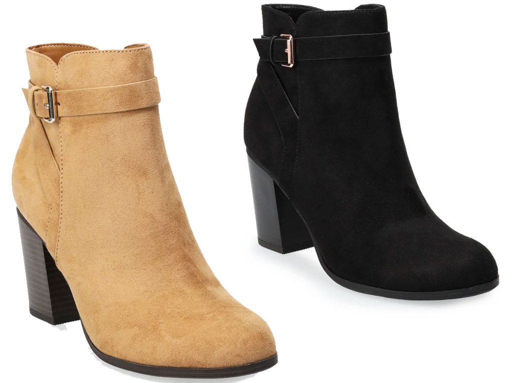two pairs of woemsn ankle booties in light brown and black colors