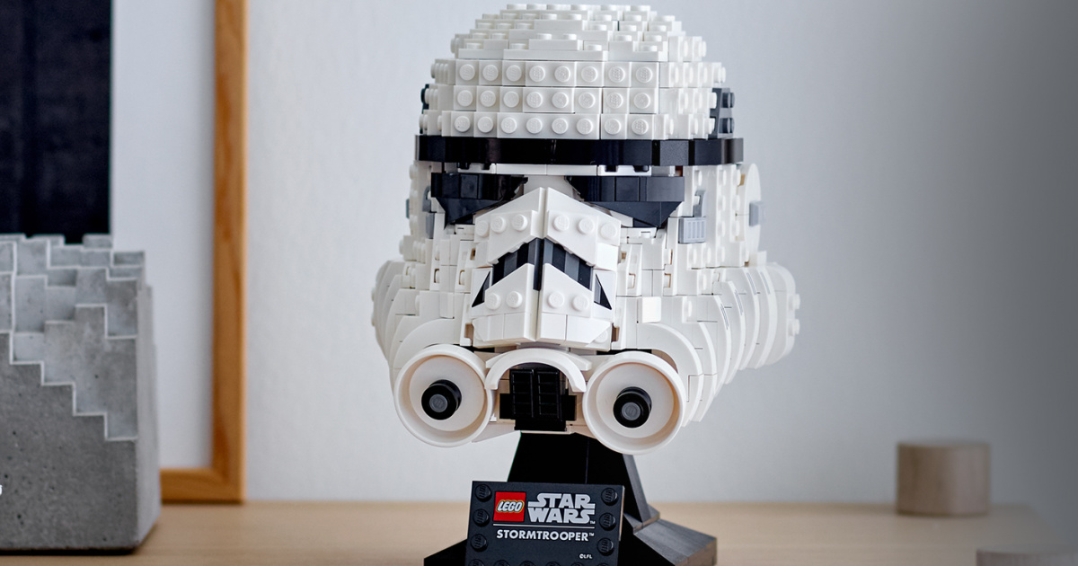 Star Wars stormstrooper LEGO helmet on wood table