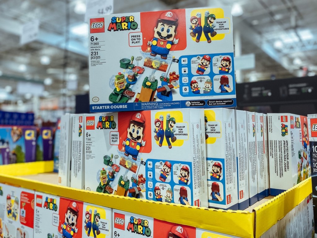Super Mario Lego sets stacked at store
