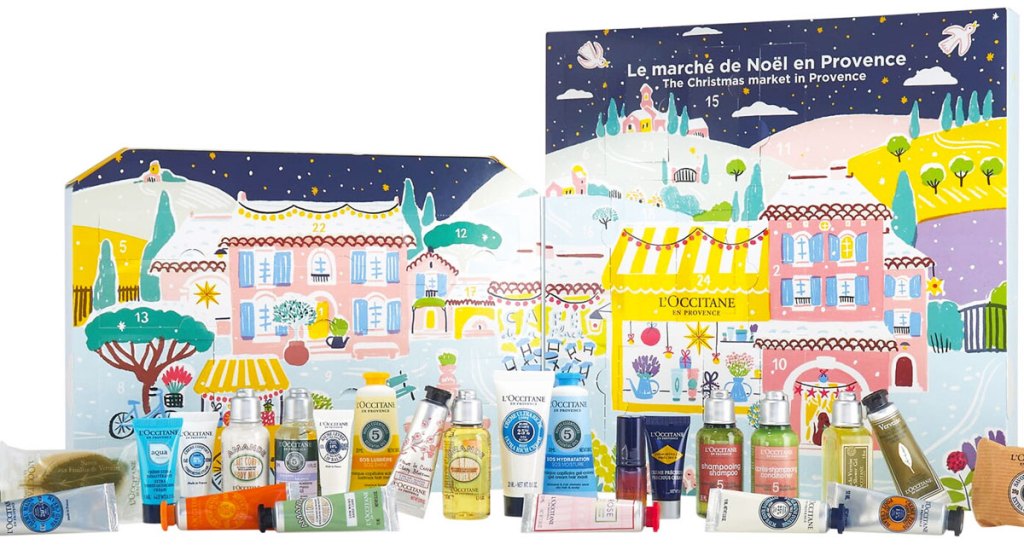 L'Occitane advent calendar with mini products lined up in front of it