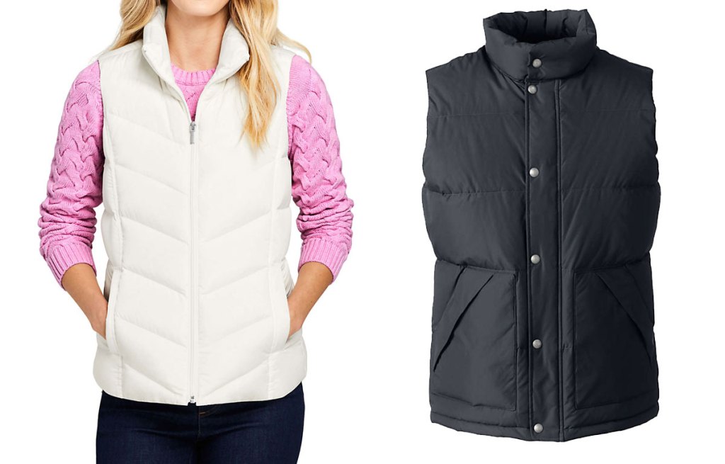 woman modeling a white puffer vest and a black button up men's puffer vest