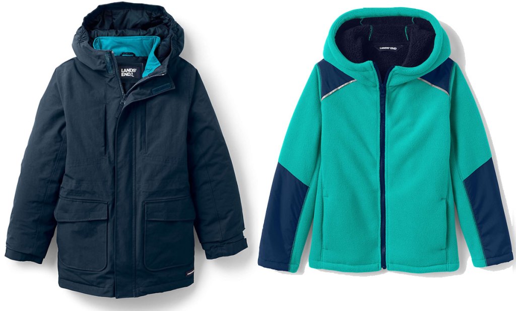 two kids jackets in navy blue and bright green with blue