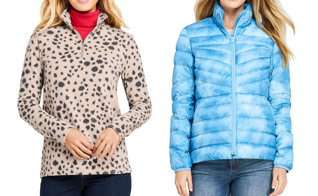women modeling animal print fleece jacket and blue and white puffer jacket