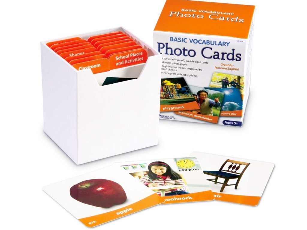 learning resources vocabulary card set in a white and orange box