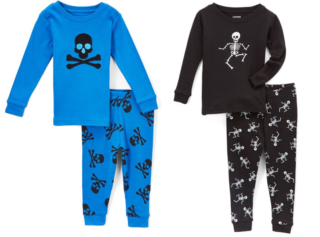 blue skull and crossbones pajamas set and black skeleton print pajamas set