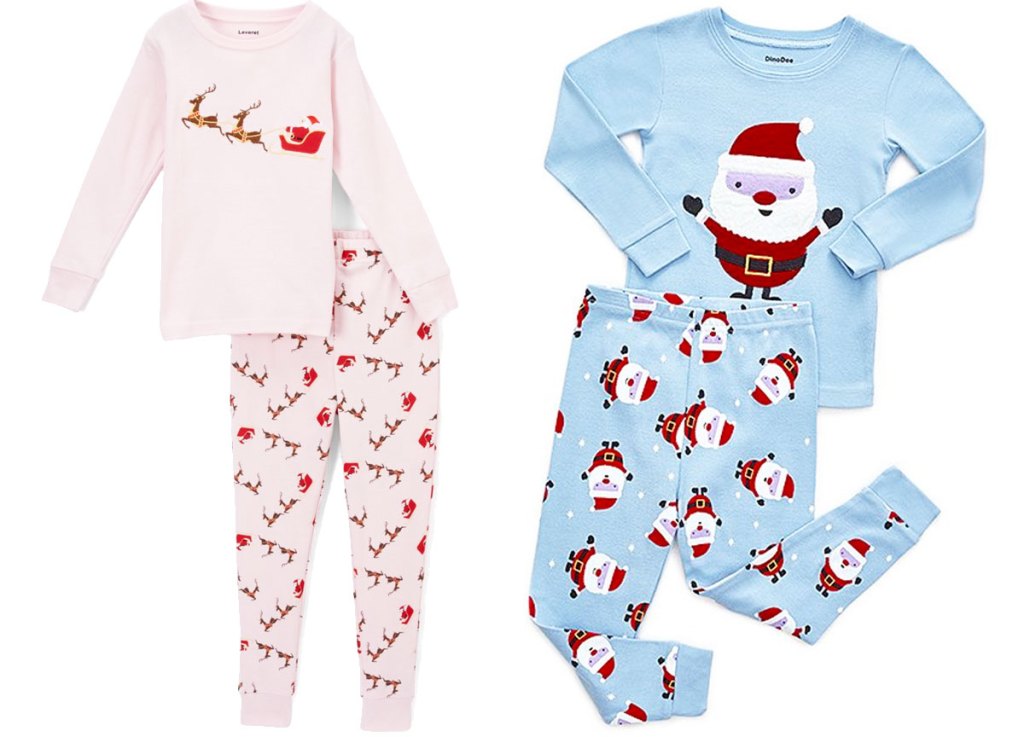pink christmas reindeer and sleigh girls pajama set and blue boys santa pajama set