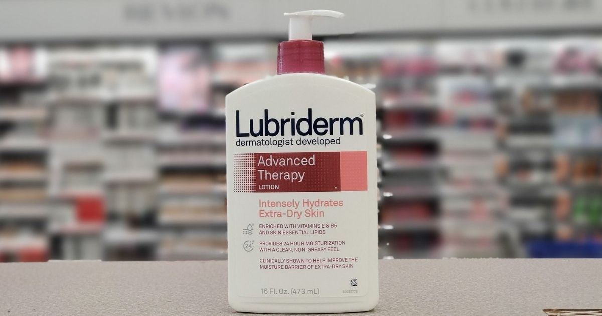 bottle of Lubriderm Advanced Therapy Moisturizing Body Lotion on counter