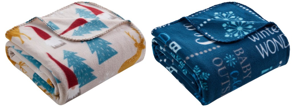 2 folded up holiday fleece throws