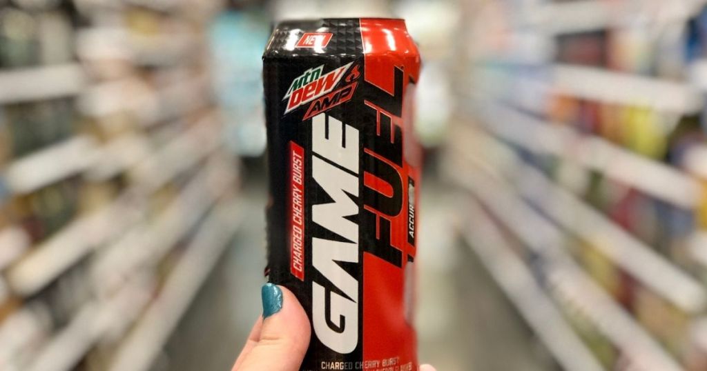 hand holding a Mtn Dew Game Fuel can