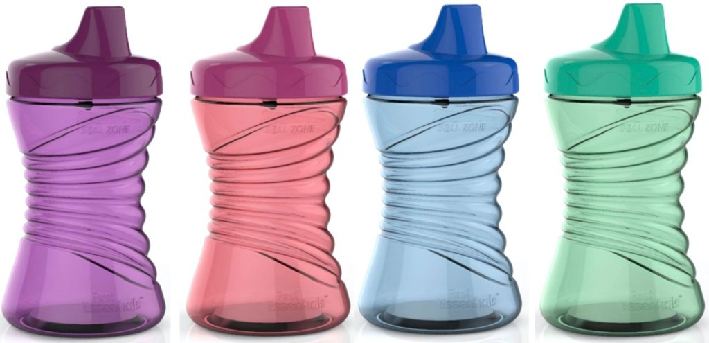 purple, pink, blue, and green sippy cups