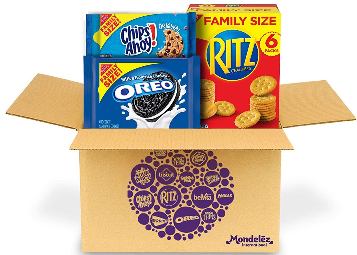 family size box of crackers and two family size cookie packages in shipping box