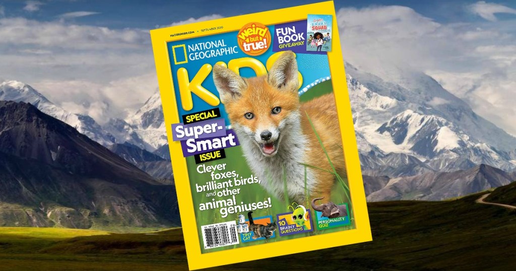 Kids nature magazine near a mountain scene