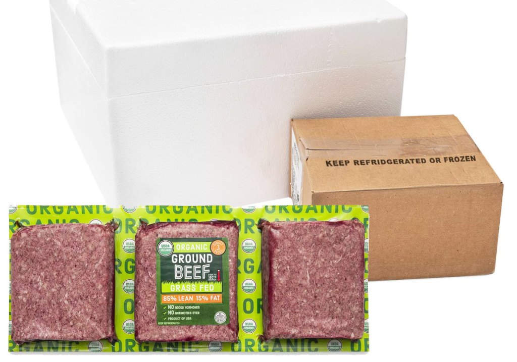individual packs of ground beef next to white cooler and shipping box