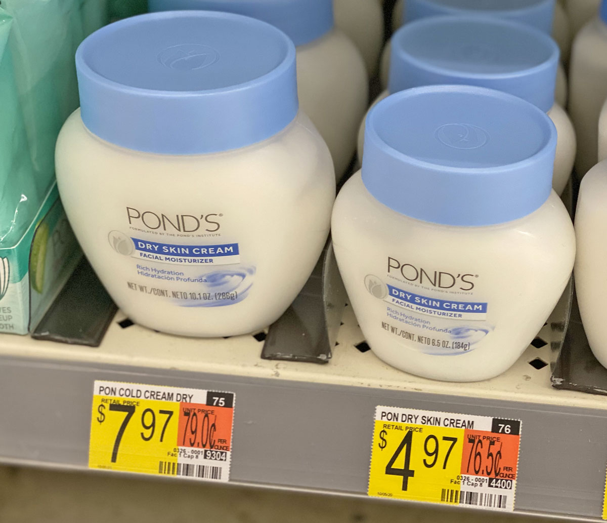 blue and white bottles of Pond's Dry Skin Cream on Walmart shelf