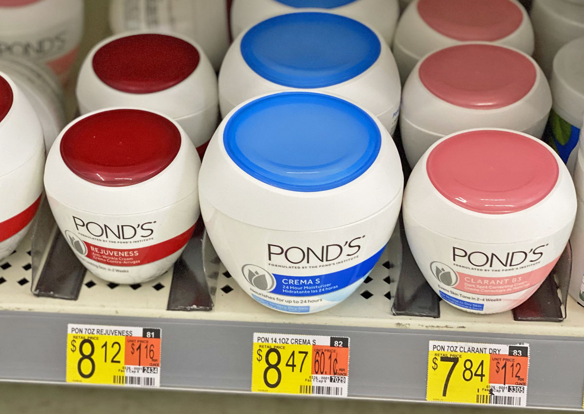 various jars of Pond's facial moisturizers on Walmart shelf
