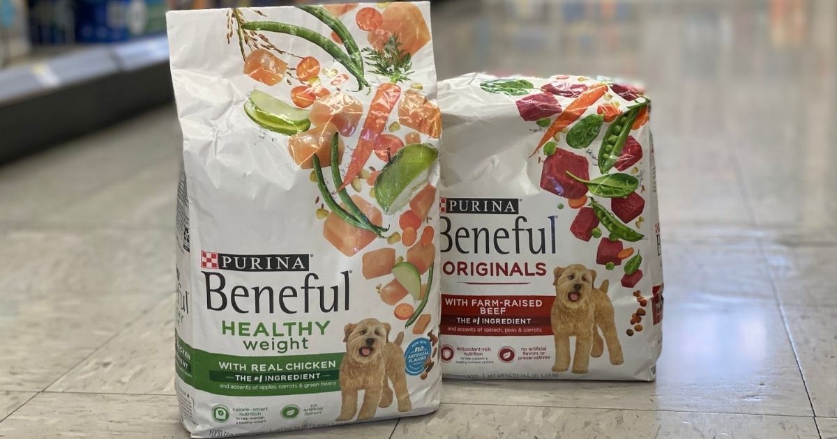 Two 3.5lb Bags of Purina Beneful Dry Dog Food on Floor at Store