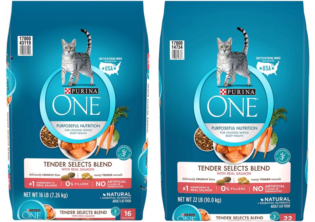 two blue bags of purina one dry cat food