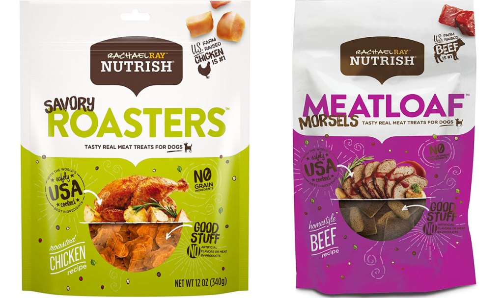 two bags of rachael ray nutrish dog treats in chicken and meatloaf flavors