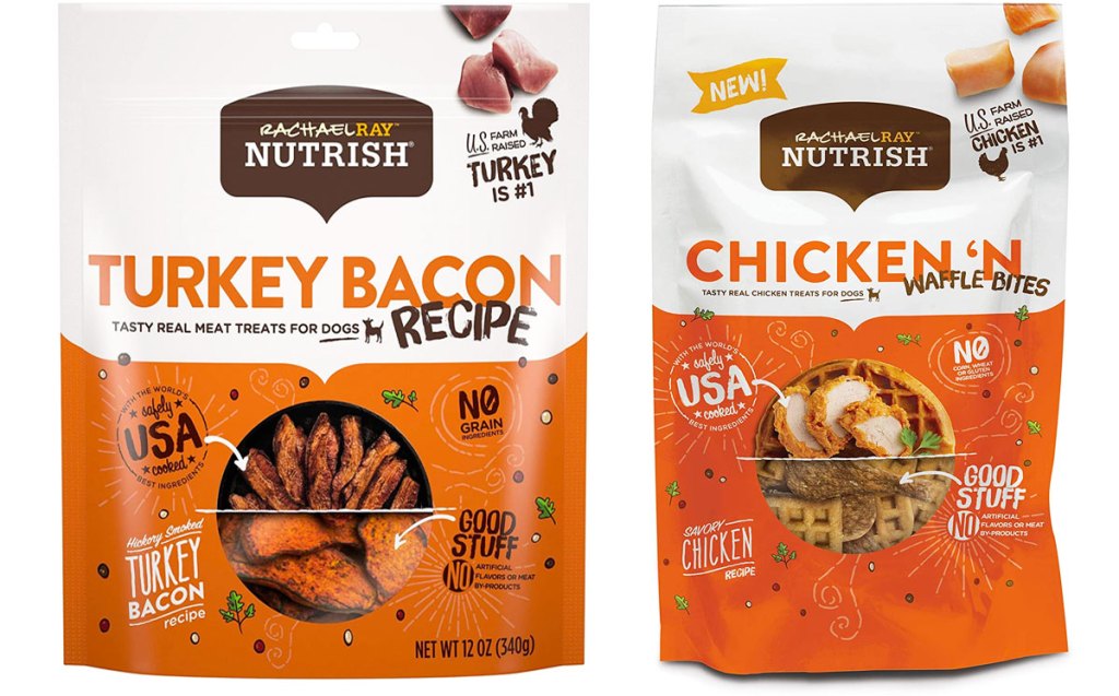 two bags of rachael ray nutrish dog treats in turkey bacon and chicken n waffles flavors