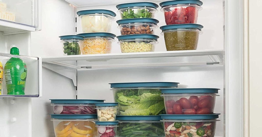 food storage containers filled with food in fridge