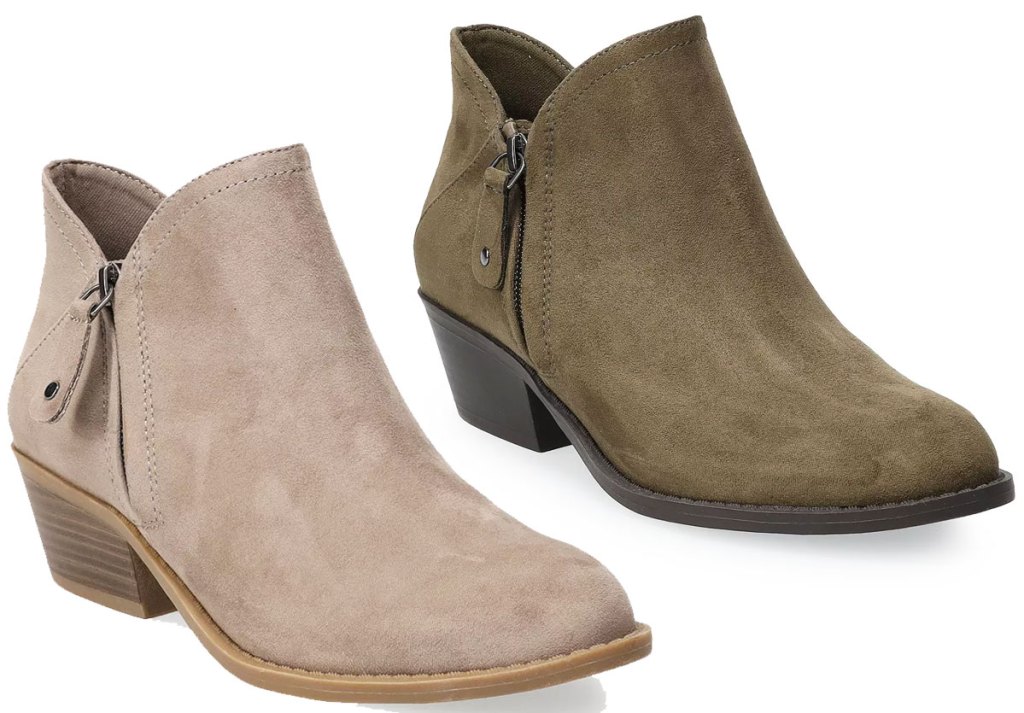 two pairs of womens ankle booties in grey and olive green colors
