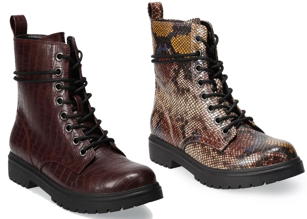 two pairs of women's combat boots in dark maroon and snakeskin print