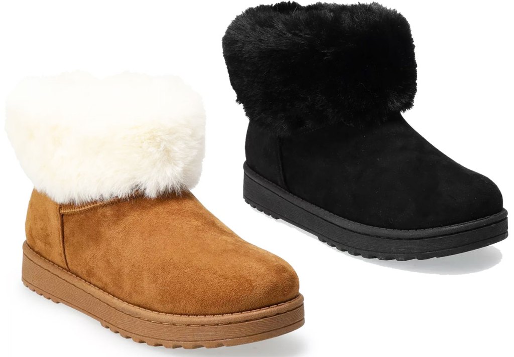 two pairs of women's shearling booties in brown and black colors