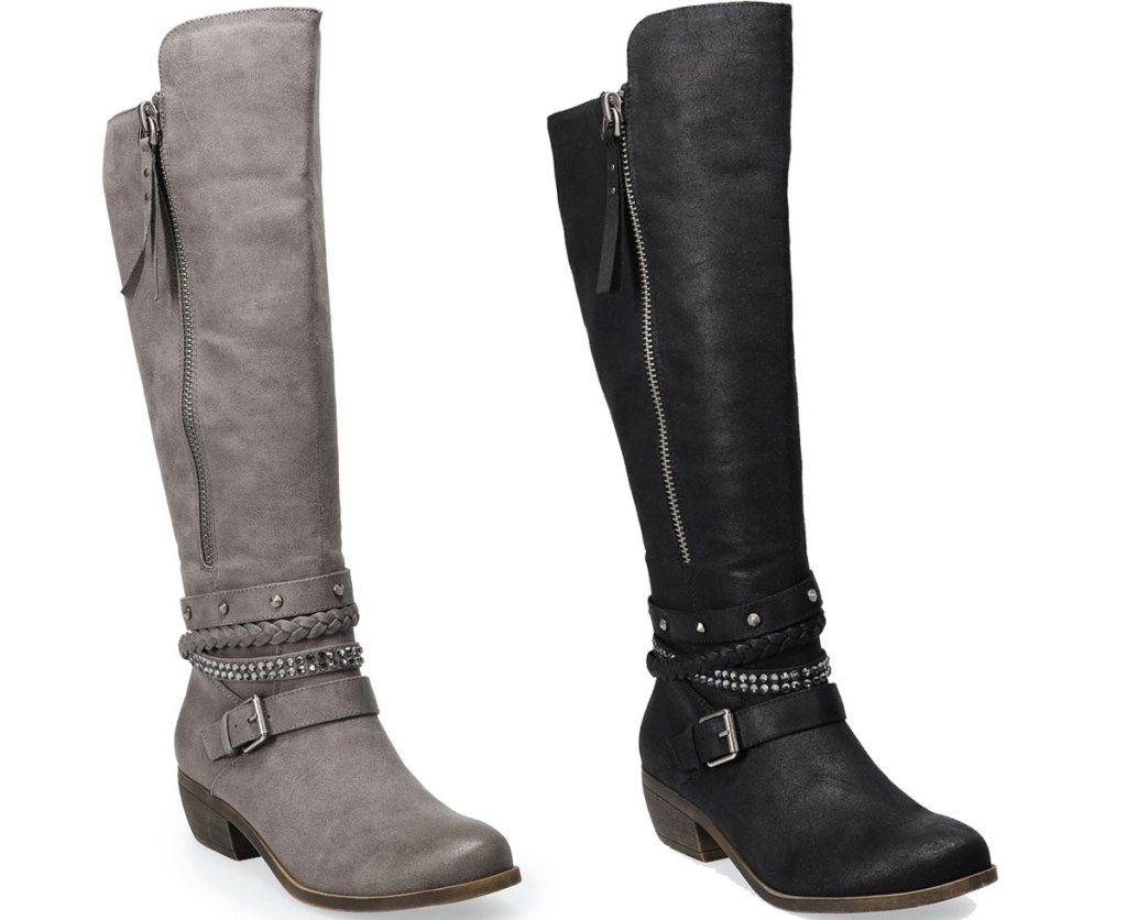 two pairs of women's knee high boots in grey and black colors
