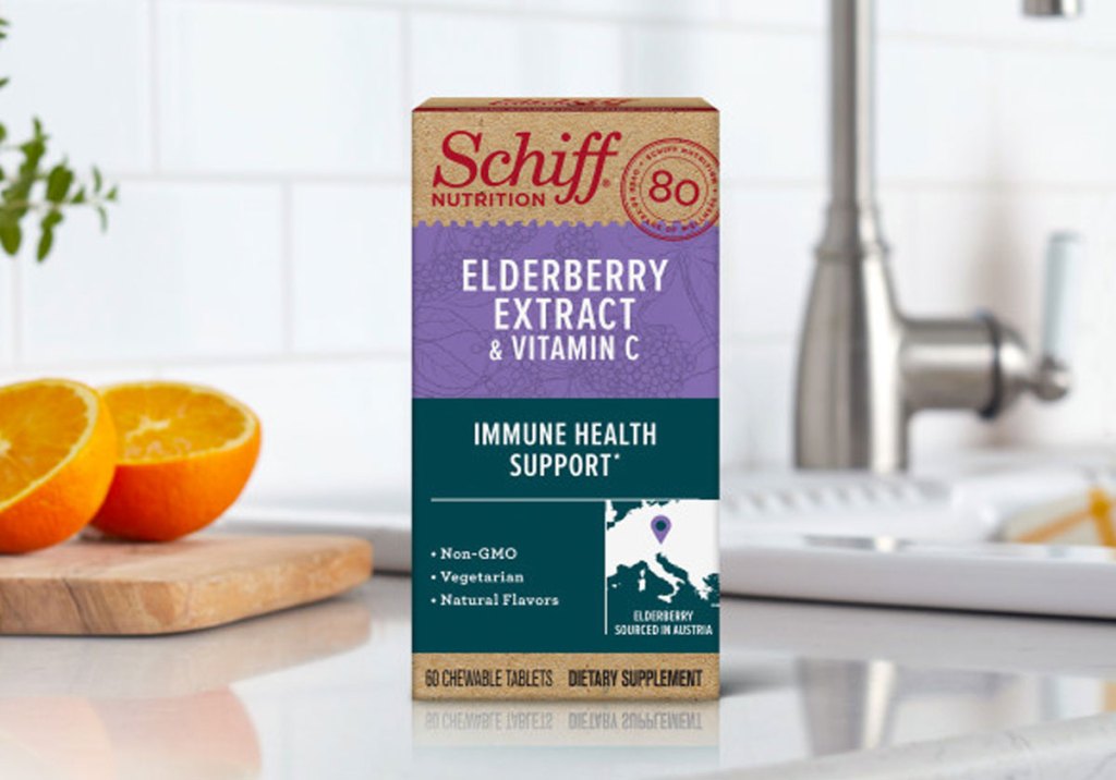box of schiff elderberry immune tablets on kitchen counter