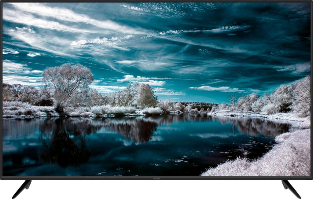 Sharp TV with a winter scene displayed